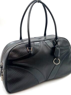 Rare Vintage Prada Perforated Vitello Bowler Bag Y2K All Black + COA